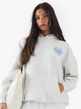 Boohoo Light Gray Hoodie with Blue Chest and back Graphic size medium